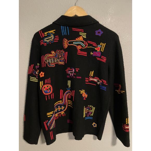 Chicos Design Sweater Womens 0 US Small Black Wool Button Up Aztec Embroidered - Picture 2 of 7